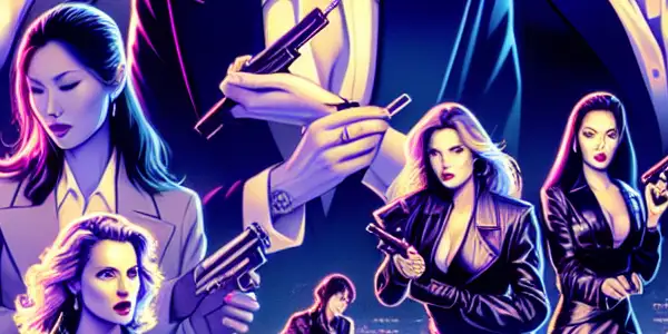 A group of confident female spies in modern attire, engaged in an action-packed urban chase at night.