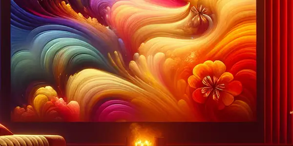 A cozy home cinema setting featuring a large screen, cherry blossoms, and warm lighting, evoking romance and excitement.