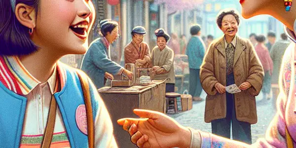 A vibrant 1980s Chinese street scene featuring a joyful mother-daughter interaction amidst nostalgic elements and cherry blossoms.