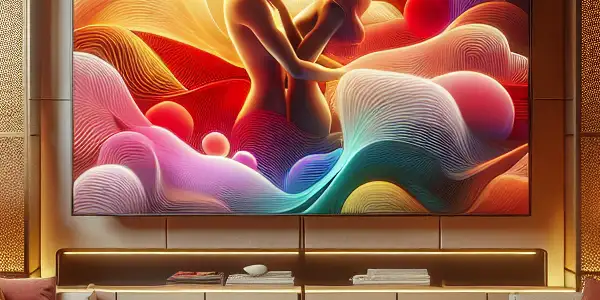 A stylish living room featuring a TV with abstract adult-themed visuals and Japanese cultural elements, creating an inviting atmosphere.