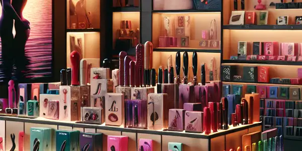 A modern adult toy shop filled with colorful toys, intimate ambiance, and enticing visuals from adult films.<a href=