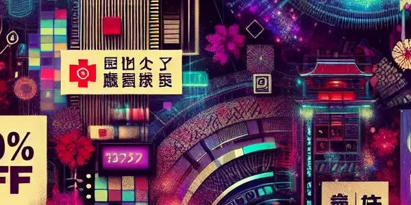 A vibrant digital landscape showcasing adult entertainment discounts with neon lights, cherry blossoms, and promotional banners.