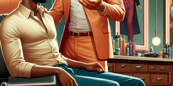 A lively barbershop scene featuring a charismatic barber and an attractive customer engaged in playful conversation.