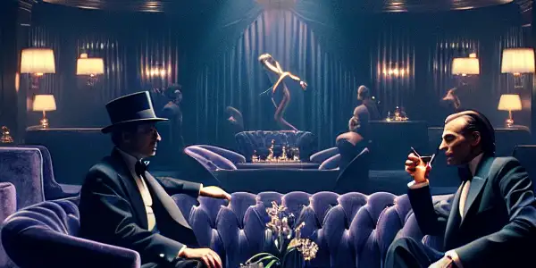 A luxurious cruise ship lounge with a mysterious woman and a man engaged in a flirtatious conversation, exuding tension and intrigue.