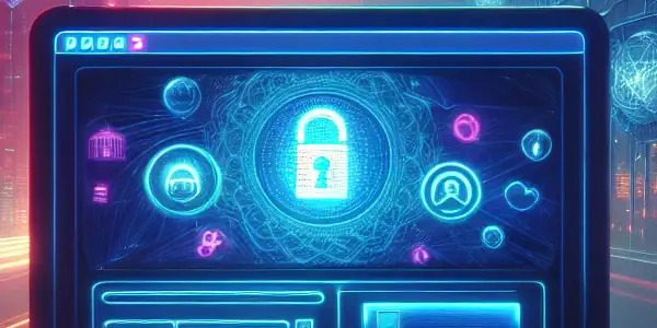 A futuristic digital scene featuring a computer screen with adult content hints, surrounded by abstract VPN symbols in a neon cityscape.