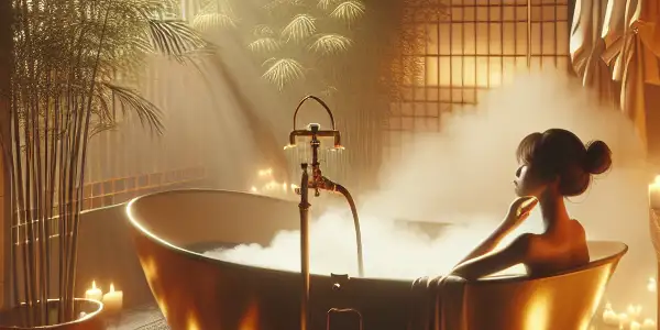 A serene figure relaxes in a luxurious, candlelit bathtub surrounded by bamboo and rice paper screens.