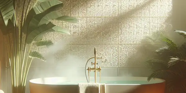 A tranquil bathroom scene featuring a steaming bathtub, lush plants, candles, and soft lighting for relaxation and allure.