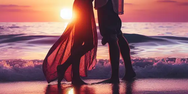 A romantic beach sunset with a couple embracing, surrounded by seashells and gentle waves.