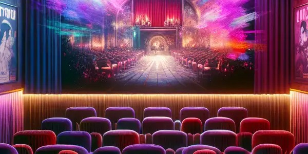 A vibrant, neon-lit room showcasing Japanese AV cinema, featuring plush seating, a projector, and iconic movie posters.