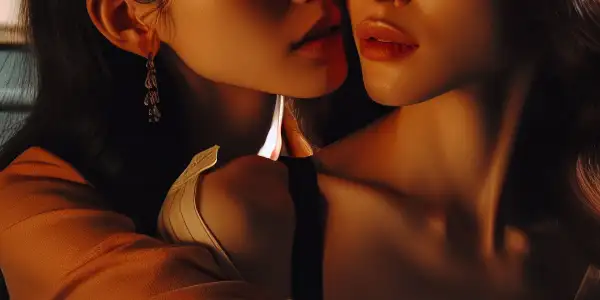 Two women in a tender embrace, surrounded by a warm café atmosphere, expressing love and intimacy.