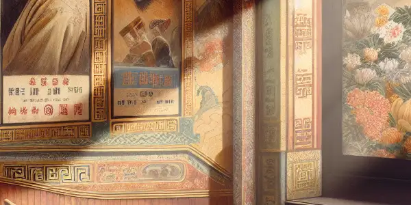 A vintage cinema hall with a couple sharing an intimate moment, surrounded by classic Chinese film posters.