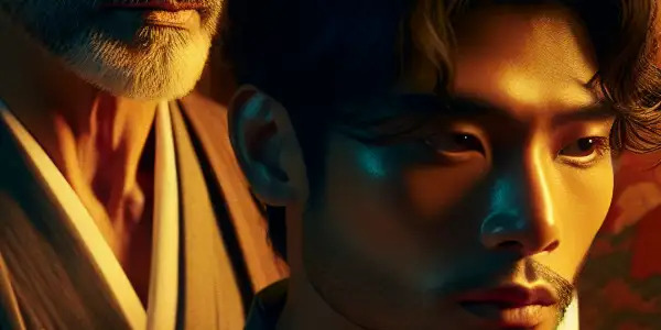 A passionate moment between a mentor and apprentice in a traditional Japanese room, embodying intimacy and connection.