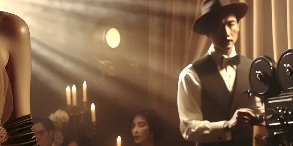 A glamorous actress on a sophisticated film set, exuding elegance and emotional depth amidst vintage cinematic elements.