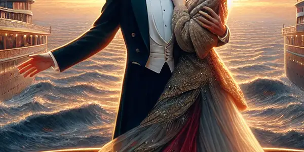 A passionate couple gazes at each other on a grand ship, surrounded by a romantic cityscape and cherry blossoms.