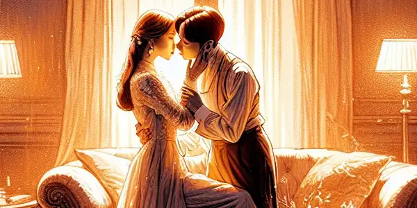 A romantic couple shares an intimate moment in a dimly lit, elegant room filled with soft lighting and subtle decorations.