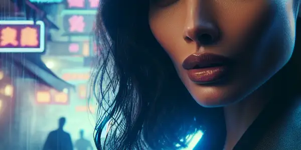 A confident woman in a stylish outfit stands in a neon-lit, rain-soaked urban setting, surrounded by shadows and tension.