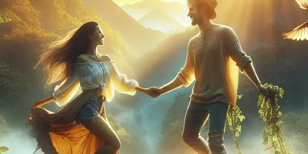 A romantic outdoor scene featuring a couple in a lush forest or serene beach, radiating joy and connection.
