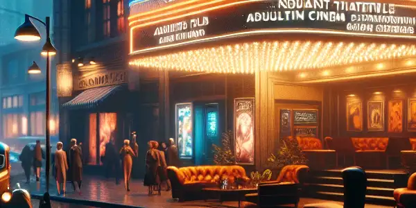 A vintage cinema in Beijing featuring neon lights, urban surroundings, and a cozy screening room for adult films.