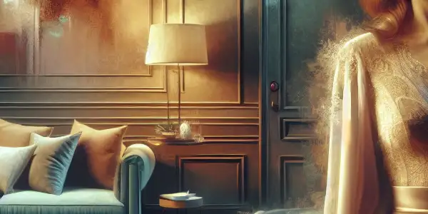 An introspective housewife in a stylish living room, embodying longing and despair amidst subtle erotic undertones.